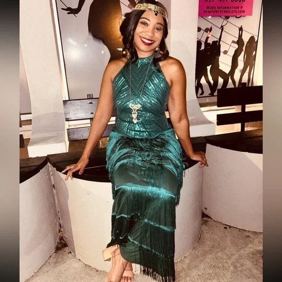 NEW - Elegant‎ Green Fringe Maxi Dress - Picture 7 of 8